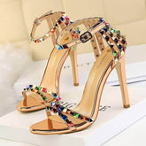 Rhinestone Rivet Studded High Heels Sandals EU 33 / Tan / 11CM